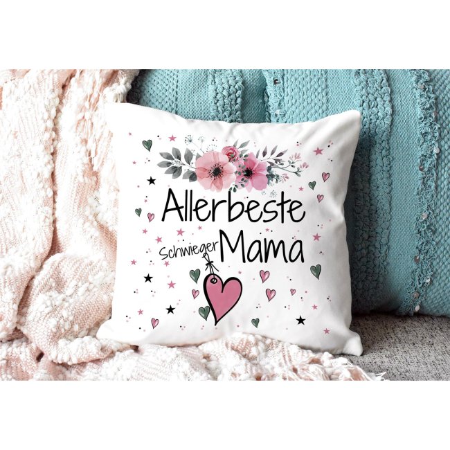 Kissen inkl. Kissenf&uuml;llung mit Spruch - Allerbeste Schwiegermama - Kissen Polyester - Wei&szlig;