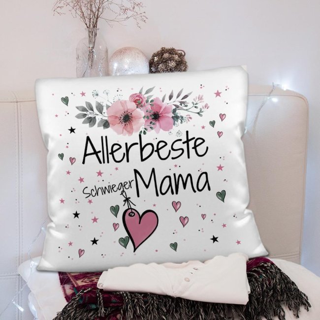 Kissen inkl. Kissenf&uuml;llung mit Spruch - Allerbeste Schwiegermama - Kissen Polyester - Wei&szlig;