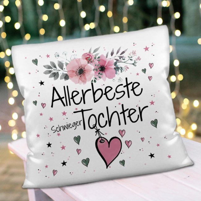 Kissen inkl. Kissenf&uuml;llung mit Spruch - Allerbeste Schwiegertochter - Kissen Polyester - Wei&szlig;