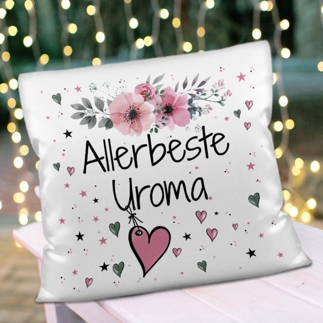 Kissen inkl. Kissenf&uuml;llung mit Spruch - Allerbeste Uroma - Kissen Polyester - Wei&szlig;