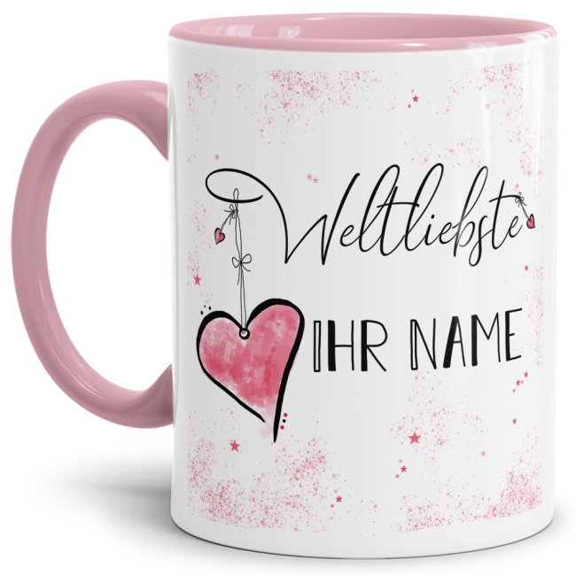 Namenstasse mit Wunschname weiblich - Weltliebste -NAME- Innen &amp; Henkel Rosa