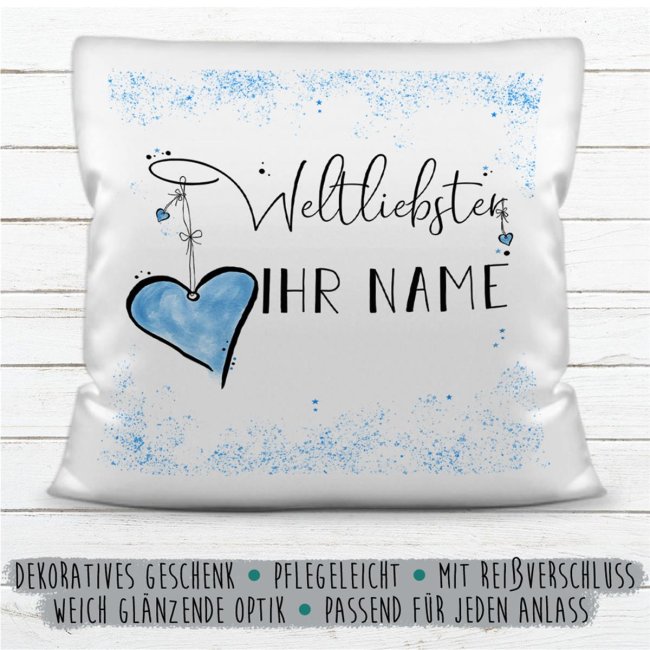 Kissen mit Wunschname m&auml;nnlich - Weltliebster -NAME- Farbkissen Schwarz