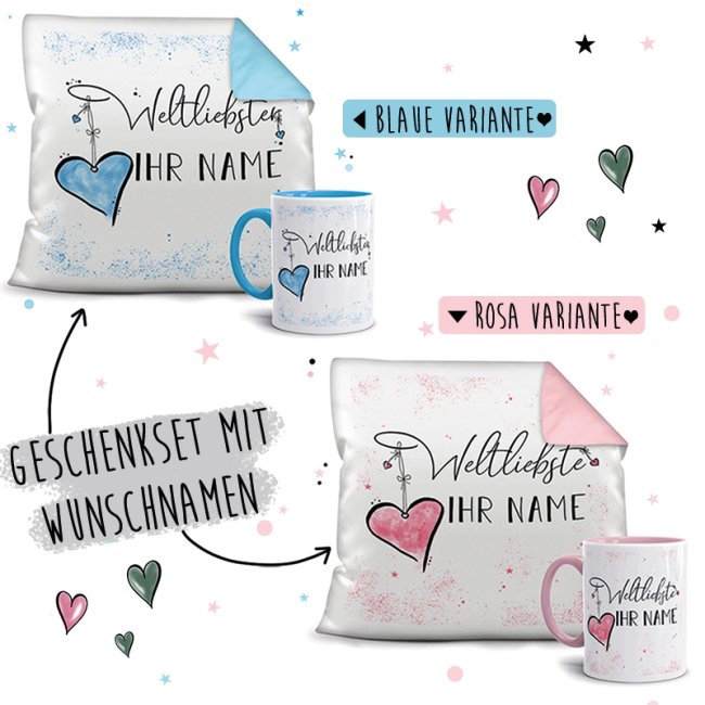 Geschenk-Set Namenstasse und Kissen - Weltliebste/r mit Wunschname