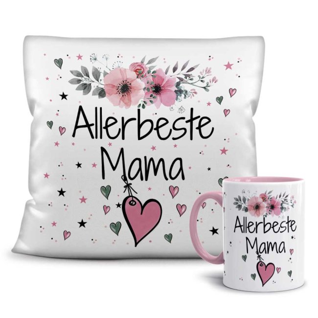 Geschenk-Set - Tasse und Kissen mit Blumenmotiv - Allerbeste Familie