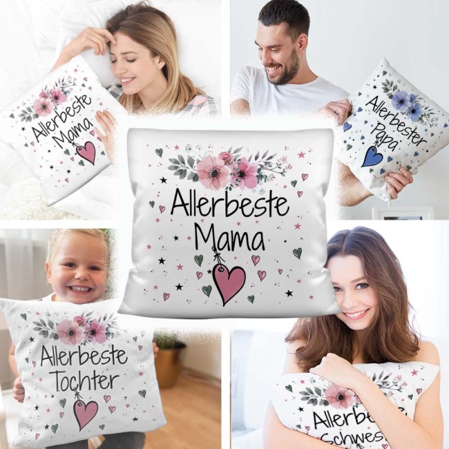 Geschenk-Set aus Tasse und Kissen mit Blumenmotiv - Allerbeste Mama - Kissen wei&szlig; - Tasse rosa