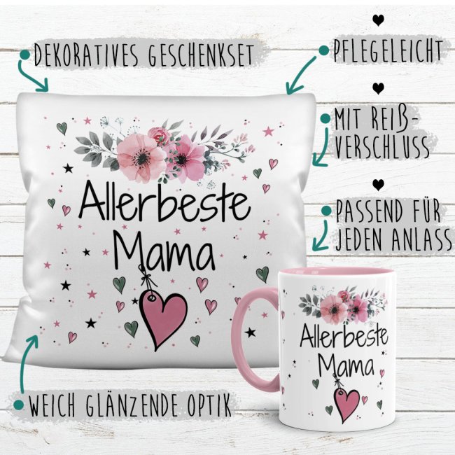 Geschenk-Set aus Tasse und Kissen mit Blumenmotiv - Allerbeste Mama - Kissen wei&szlig; - Tasse rosa