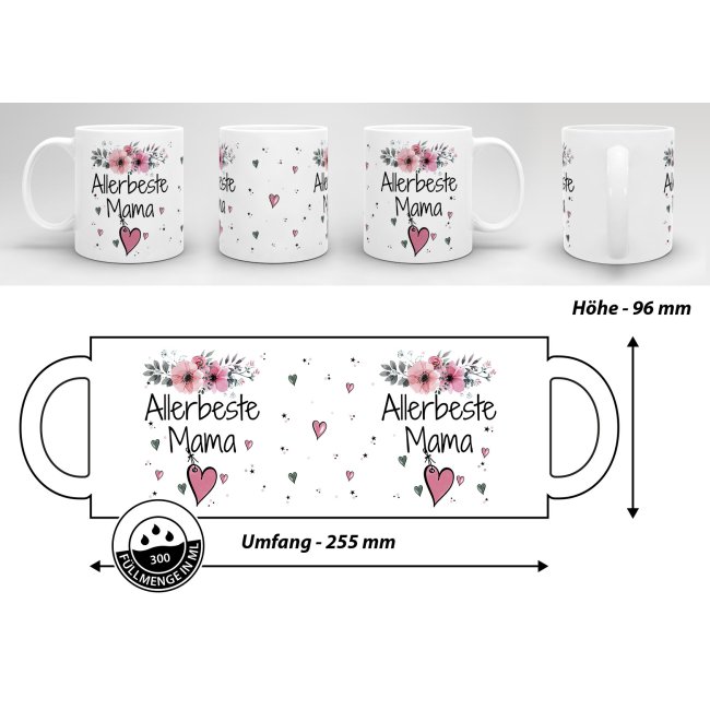 Geschenk-Set aus Tasse und Kissen mit Blumenmotiv - Allerbeste Mama - Kissen wei&szlig; - Tasse rosa