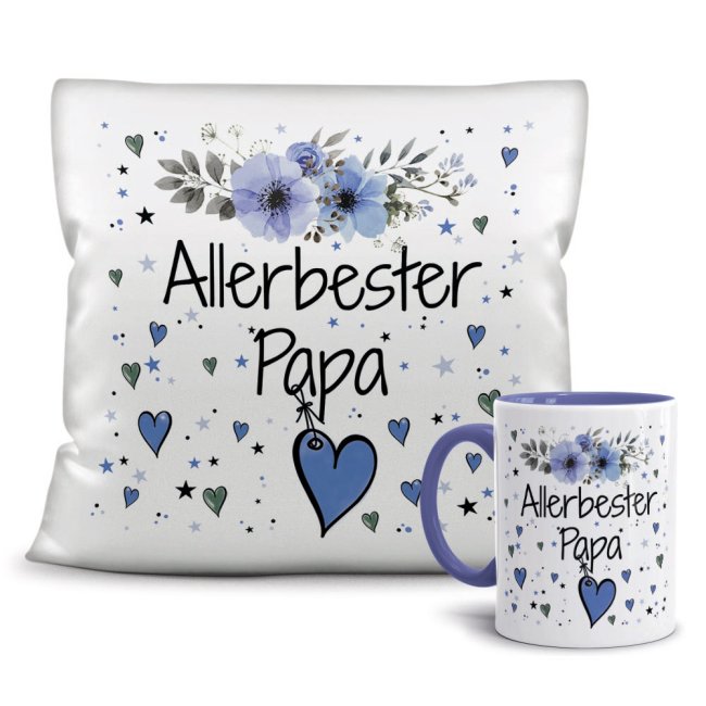 Geschenk-Set aus Tasse und Kissen mit Blumenmotiv - Allerbester Papa - Kissen wei&szlig; - Tasse blau