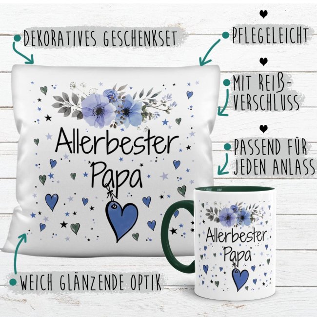 Geschenk-Set aus Tasse und Kissen mit Blumenmotiv - Allerbester Papa - Kissen wei&szlig; - Tasse dunkelgr&uuml;n