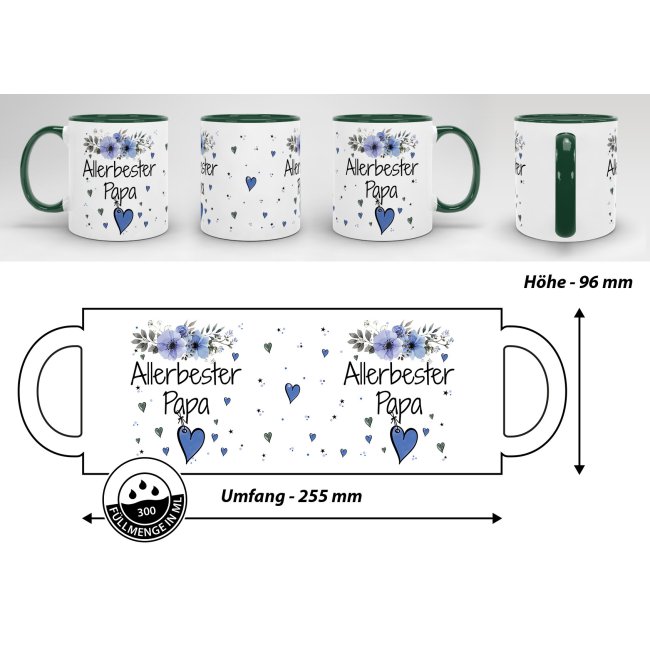 Geschenk-Set aus Tasse und Kissen mit Blumenmotiv - Allerbester Papa - Kissen wei&szlig; - Tasse dunkelgr&uuml;n