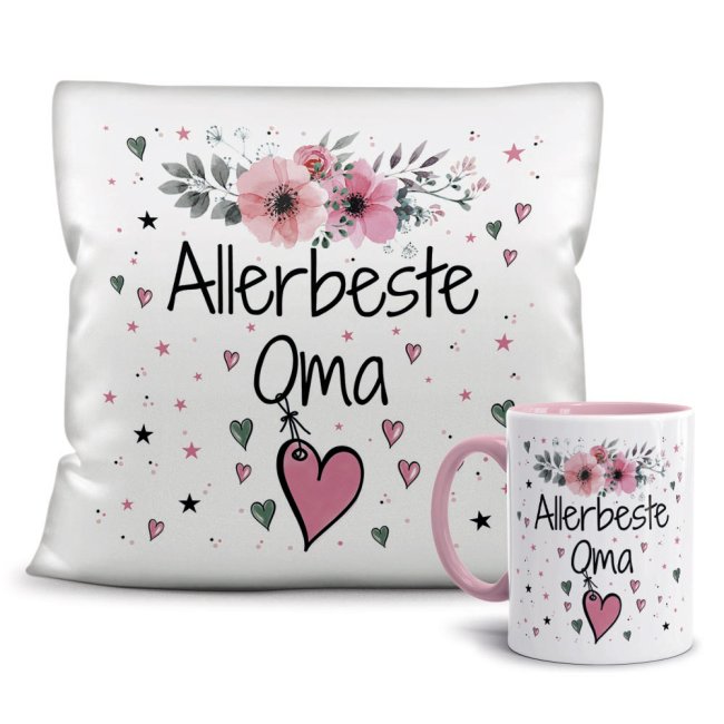 Geschenk-Set aus Tasse und Kissen mit Blumenmotiv - Allerbeste Oma - Kissen wei&szlig; - Tasse rosa