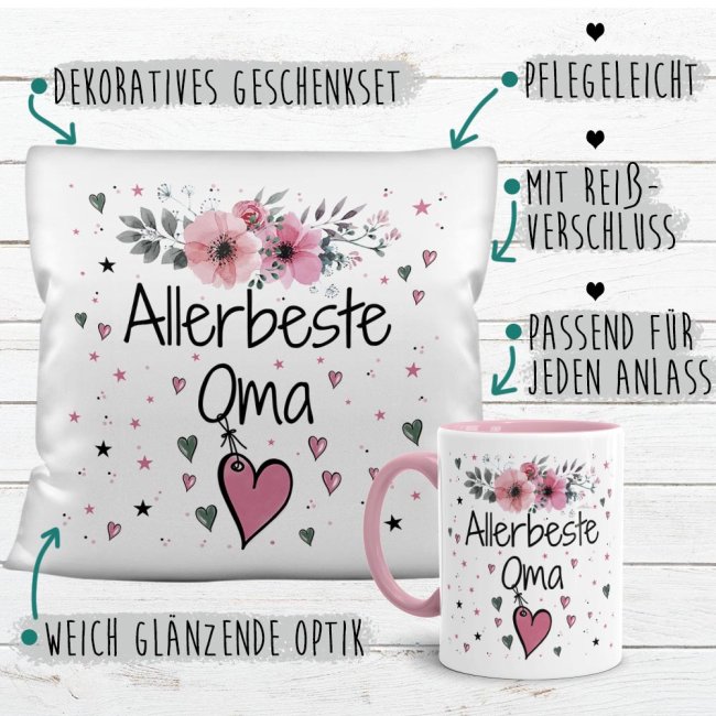 Geschenk-Set aus Tasse und Kissen mit Blumenmotiv - Allerbeste Oma - Kissen wei&szlig; - Tasse rosa