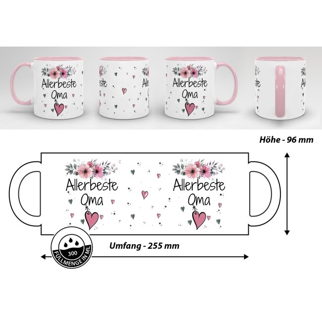 Geschenk-Set aus Tasse und Kissen mit Blumenmotiv - Allerbeste Oma - Kissen wei&szlig; - Tasse rosa