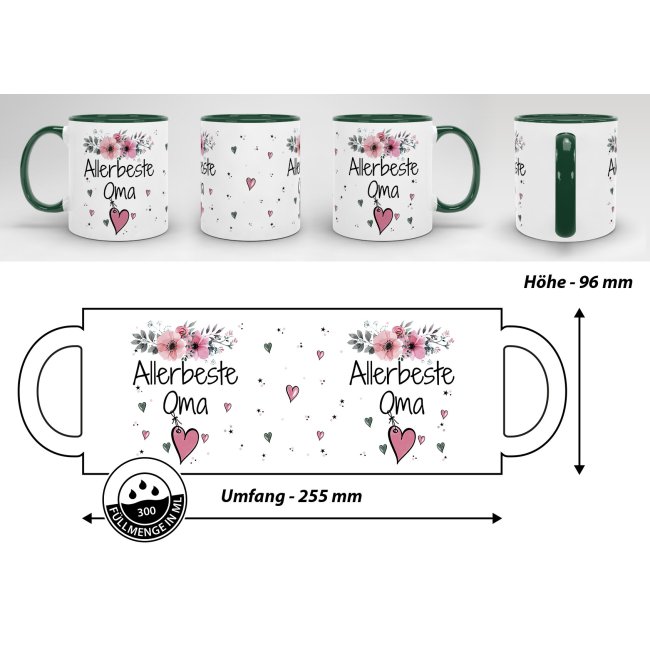 Geschenk-Set aus Tasse und Kissen mit Blumenmotiv - Allerbeste Oma - Kissen wei&szlig; - Tasse dunkelgr&uuml;n