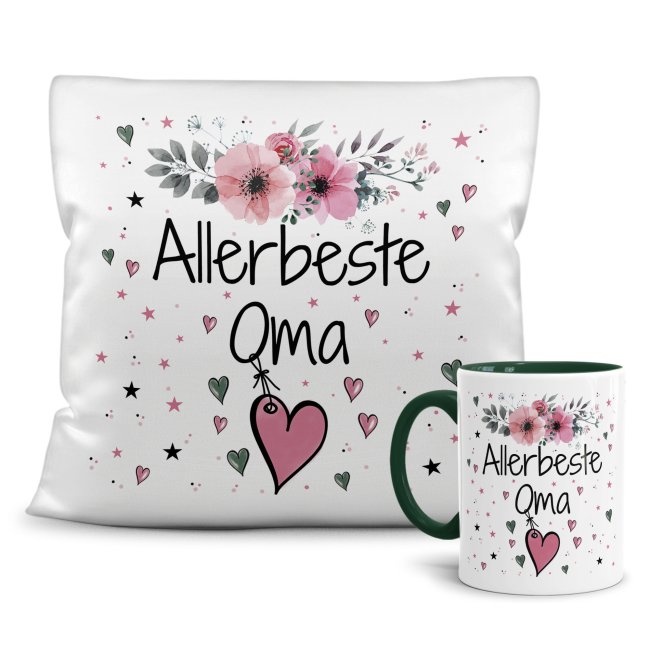 Geschenk-Set aus Tasse und Kissen mit Blumenmotiv - Allerbeste Oma - Kissen wei&szlig; - Tasse dunkelgr&uuml;n