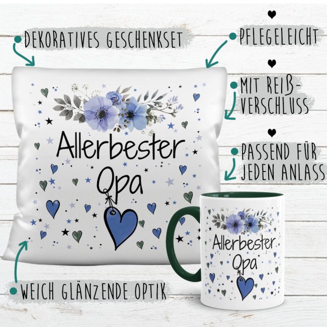 Geschenk-Set aus Tasse und Kissen mit Blumenmotiv - Allerbester Opa - Kissen wei&szlig; - Tasse dunkelgr&uuml;n