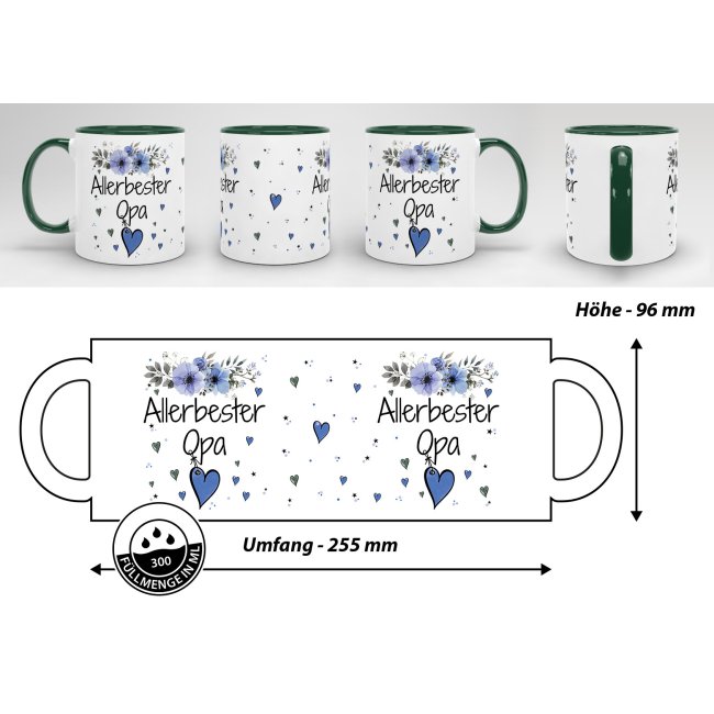 Geschenk-Set aus Tasse und Kissen mit Blumenmotiv - Allerbester Opa - Kissen wei&szlig; - Tasse dunkelgr&uuml;n