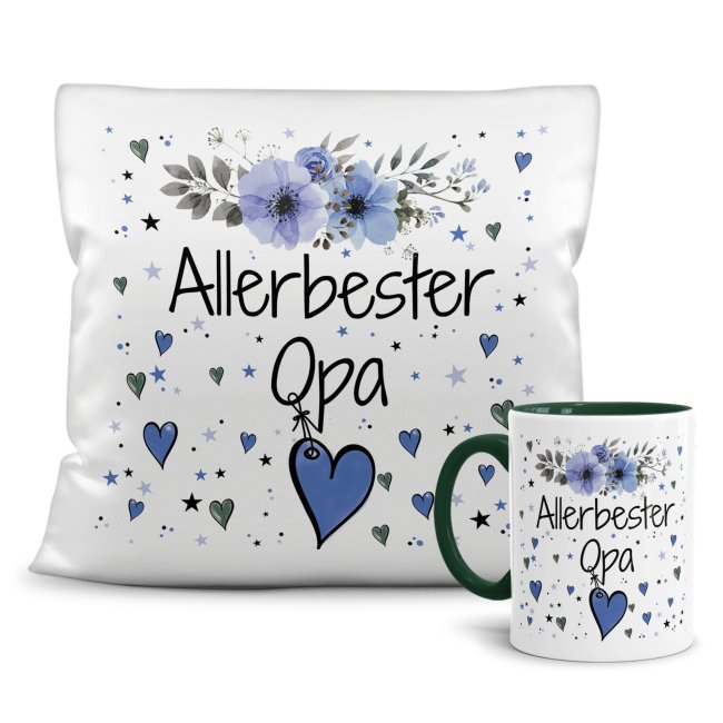 Geschenk-Set aus Tasse und Kissen mit Blumenmotiv - Allerbester Opa - Kissen wei&szlig; - Tasse dunkelgr&uuml;n