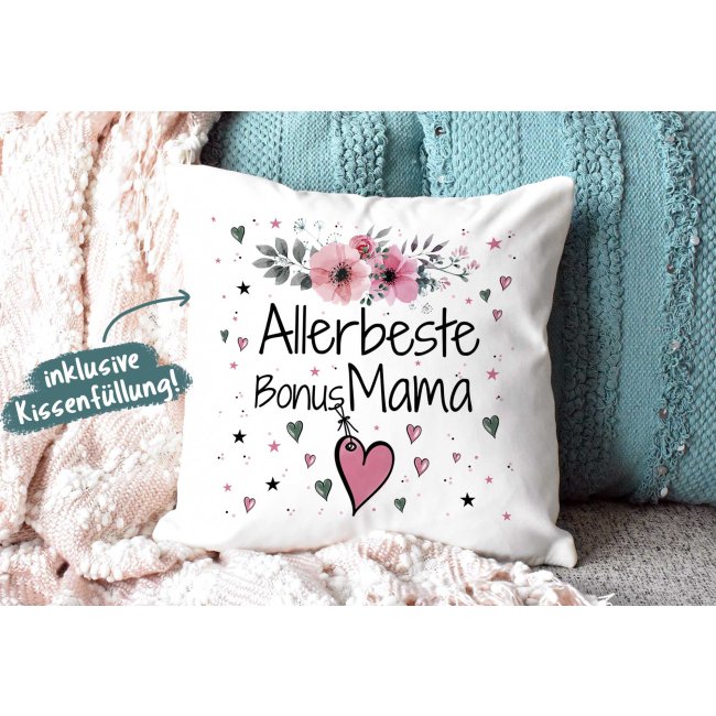 Geschenk-Set aus Tasse und Kissen mit Blumenmotiv - Allerbeste Bonus Mama - Kissen wei&szlig; - Tasse rosa