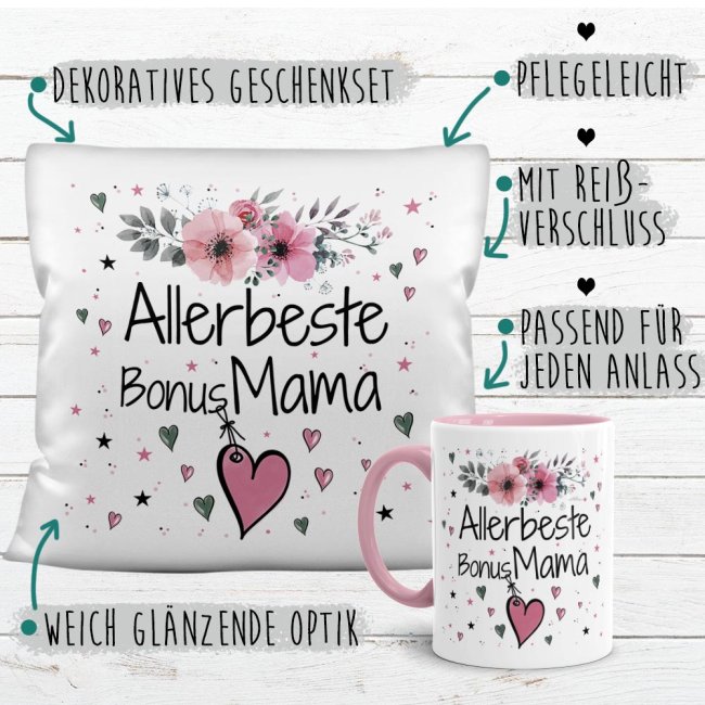 Geschenk-Set aus Tasse und Kissen mit Blumenmotiv - Allerbeste Bonus Mama - Kissen wei&szlig; - Tasse rosa