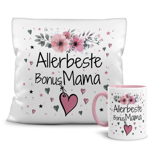 Geschenk-Set aus Tasse und Kissen mit Blumenmotiv - Allerbeste Bonus Mama - Kissen wei&szlig; - Tasse rosa