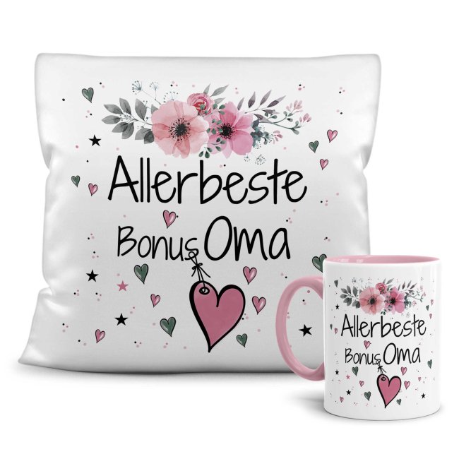 Geschenk-Set aus Tasse und Kissen mit Blumenmotiv - Allerbeste Bonus Oma - Kissen wei&szlig; - Tasse rosa