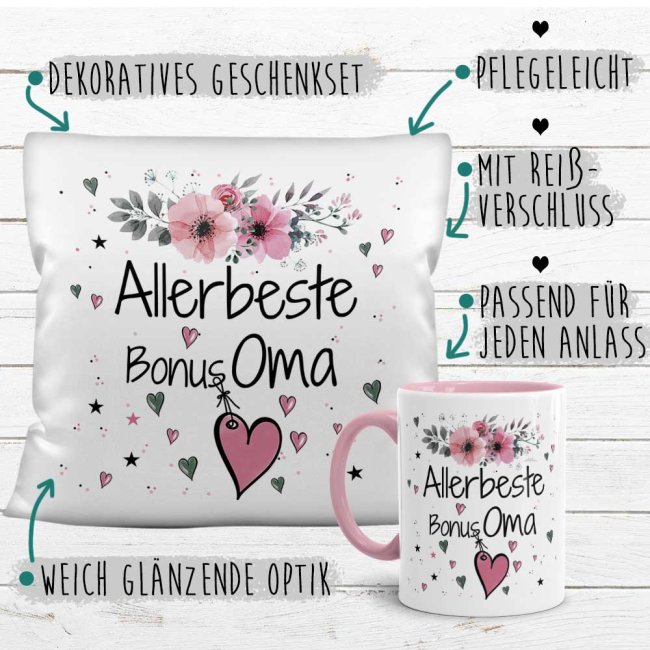 Geschenk-Set aus Tasse und Kissen mit Blumenmotiv - Allerbeste Bonus Oma - Kissen wei&szlig; - Tasse rosa