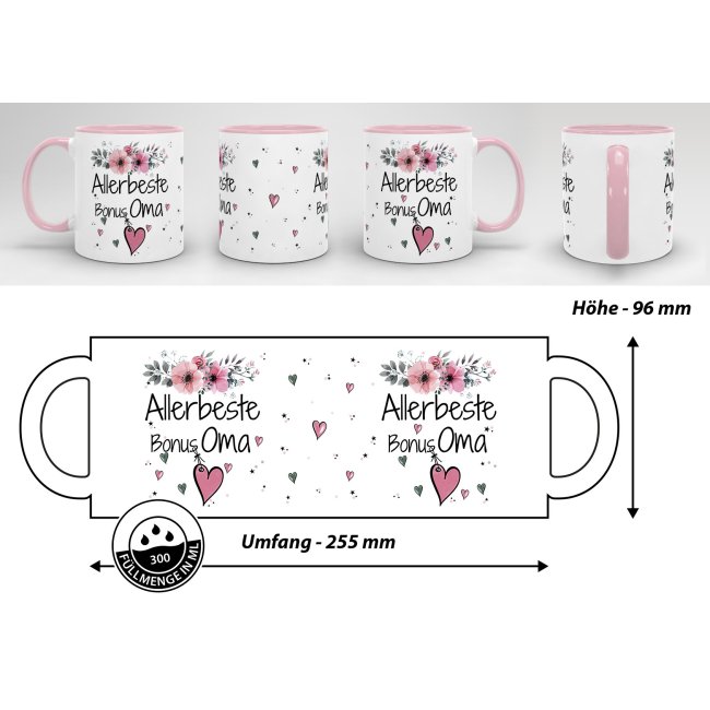 Geschenk-Set aus Tasse und Kissen mit Blumenmotiv - Allerbeste Bonus Oma - Kissen wei&szlig; - Tasse rosa