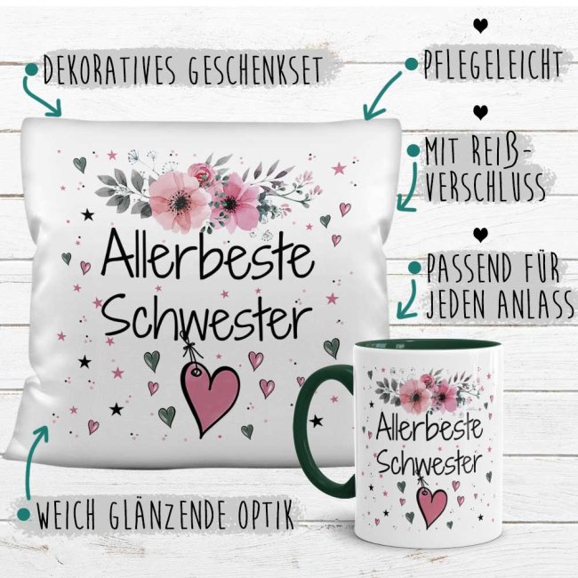 Geschenk-Set aus Tasse und Kissen mit Blumenmotiv - Allerbeste Schwester - Kissen wei&szlig; - Tasse dunkelgr&uuml;n