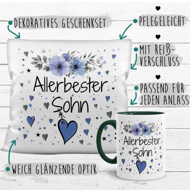 Geschenk-Set aus Tasse und Kissen mit Blumenmotiv - Allerbester Sohn - Kissen wei&szlig; - Tasse dunkelgr&uuml;n