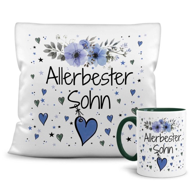 Geschenk-Set aus Tasse und Kissen mit Blumenmotiv - Allerbester Sohn - Kissen wei&szlig; - Tasse dunkelgr&uuml;n