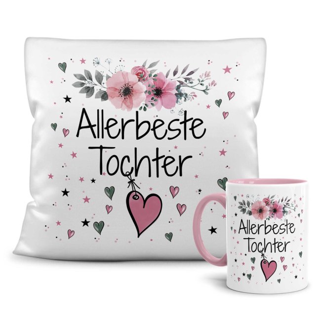 Geschenk-Set aus Tasse und Kissen mit Blumenmotiv - Allerbeste Tochter - Kissen wei&szlig; - Tasse rosa