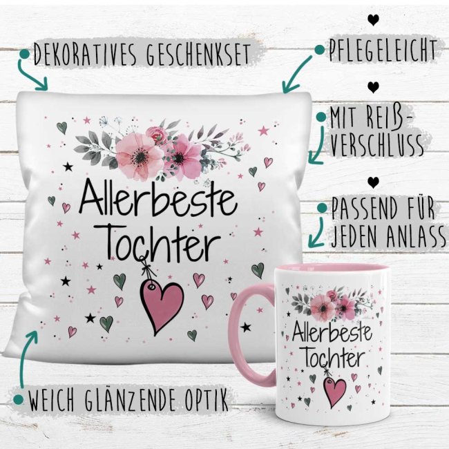 Geschenk-Set aus Tasse und Kissen mit Blumenmotiv - Allerbeste Tochter - Kissen wei&szlig; - Tasse rosa