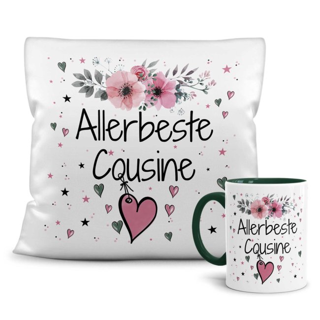 Geschenk-Set aus Tasse und Kissen mit Blumenmotiv - Allerbeste Cousine - Kissen wei&szlig; - Tasse dunkelgr&uuml;n