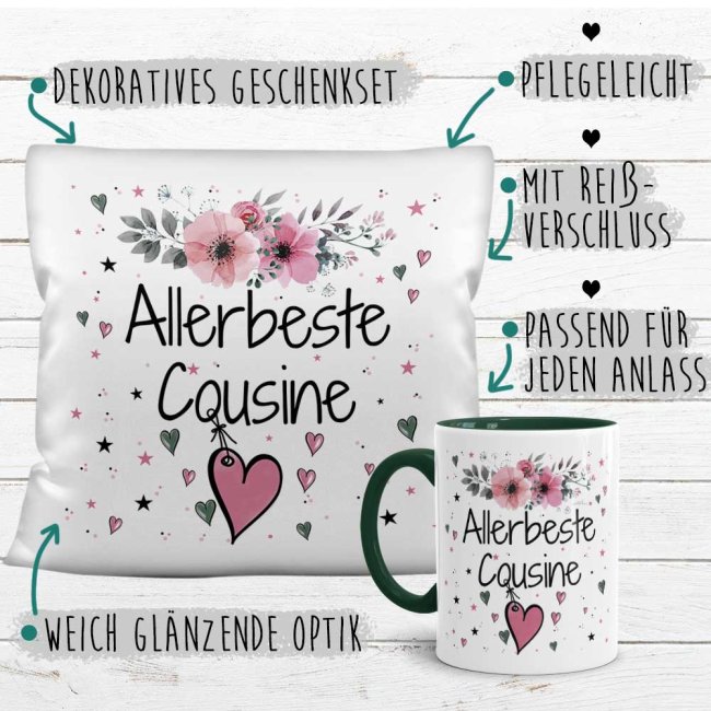 Geschenk-Set aus Tasse und Kissen mit Blumenmotiv - Allerbeste Cousine - Kissen wei&szlig; - Tasse dunkelgr&uuml;n