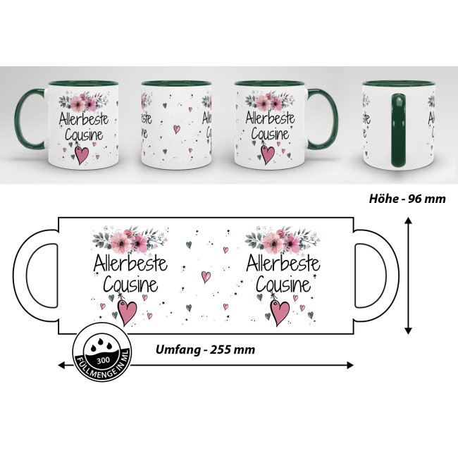 Geschenk-Set aus Tasse und Kissen mit Blumenmotiv - Allerbeste Cousine - Kissen wei&szlig; - Tasse dunkelgr&uuml;n