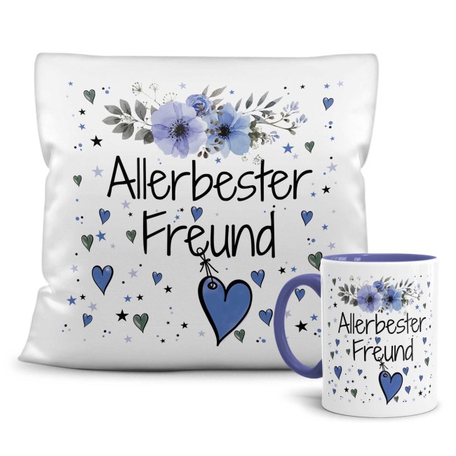Geschenk-Set aus Tasse und Kissen mit Blumenmotiv - Allerbester Freund Kissen wei&szlig; - Tasse blau