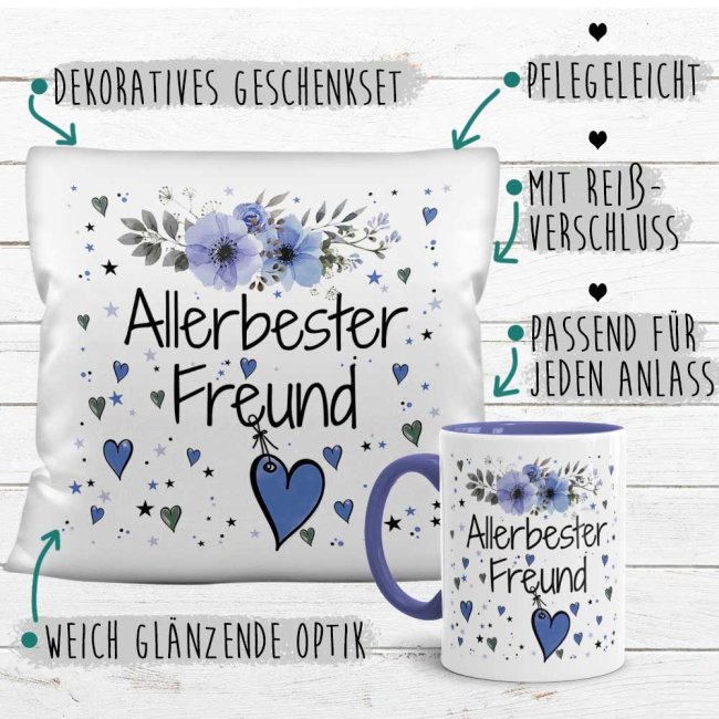 Geschenk-Set aus Tasse und Kissen mit Blumenmotiv - Allerbester Freund Kissen wei&szlig; - Tasse blau