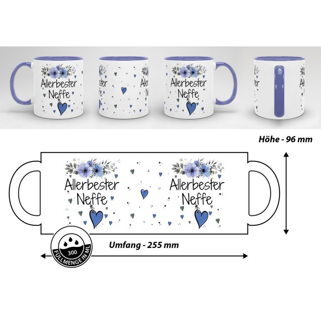 Geschenk-Set aus Tasse und Kissen mit Blumenmotiv - Allerbester Neffe - Kissen wei&szlig; - Tasse blau