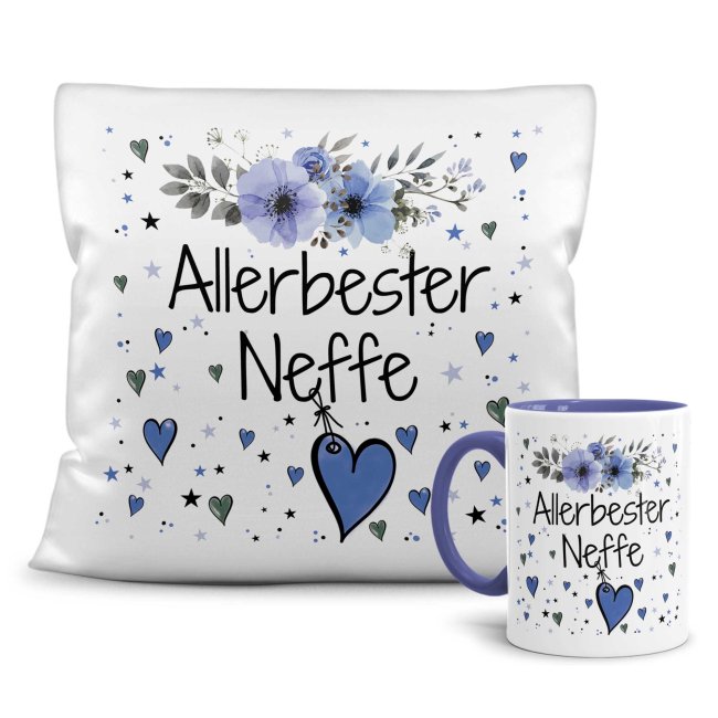 Geschenk-Set aus Tasse und Kissen mit Blumenmotiv - Allerbester Neffe - Kissen wei&szlig; - Tasse blau