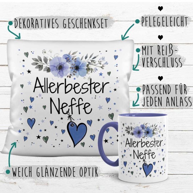 Geschenk-Set aus Tasse und Kissen mit Blumenmotiv - Allerbester Neffe - Kissen wei&szlig; - Tasse dunkelgr&uuml;n