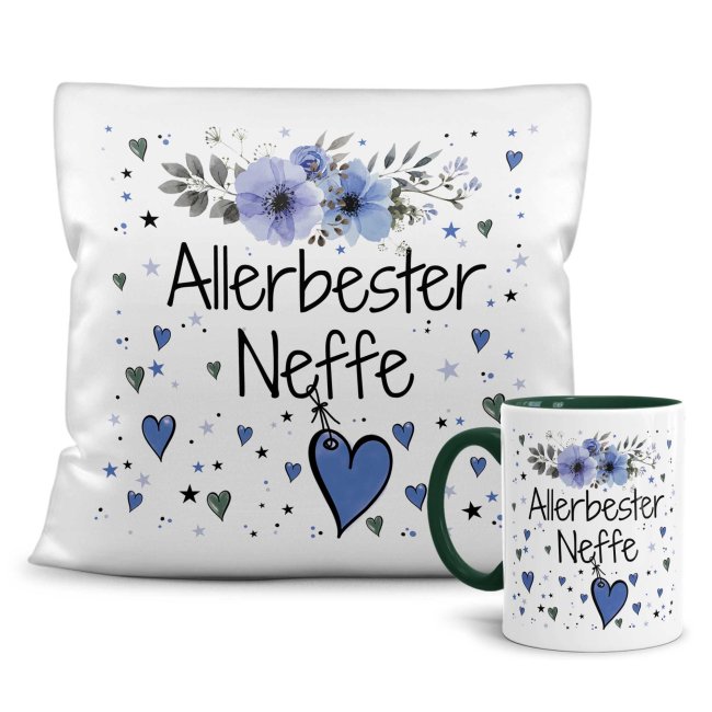 Geschenk-Set aus Tasse und Kissen mit Blumenmotiv - Allerbester Neffe - Kissen wei&szlig; - Tasse dunkelgr&uuml;n