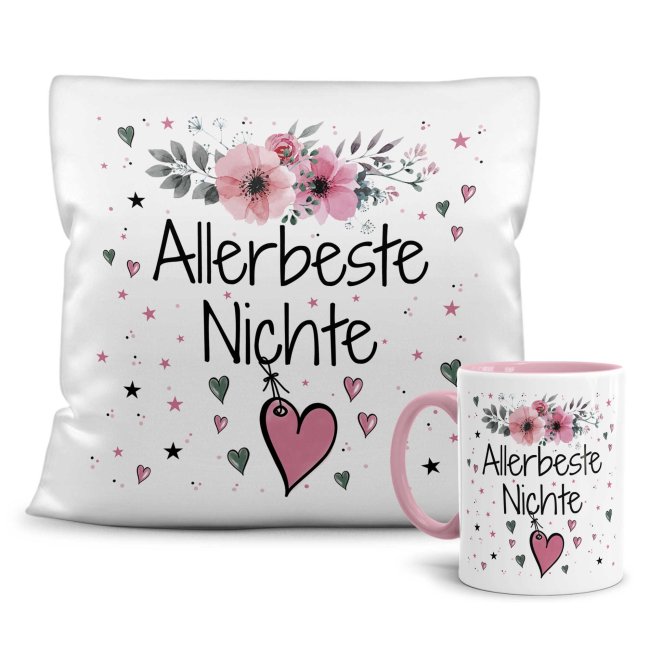 Geschenk-Set aus Tasse und Kissen mit Blumenmotiv - Allerbeste Nichte - Kissen wei&szlig; - Tasse rosa
