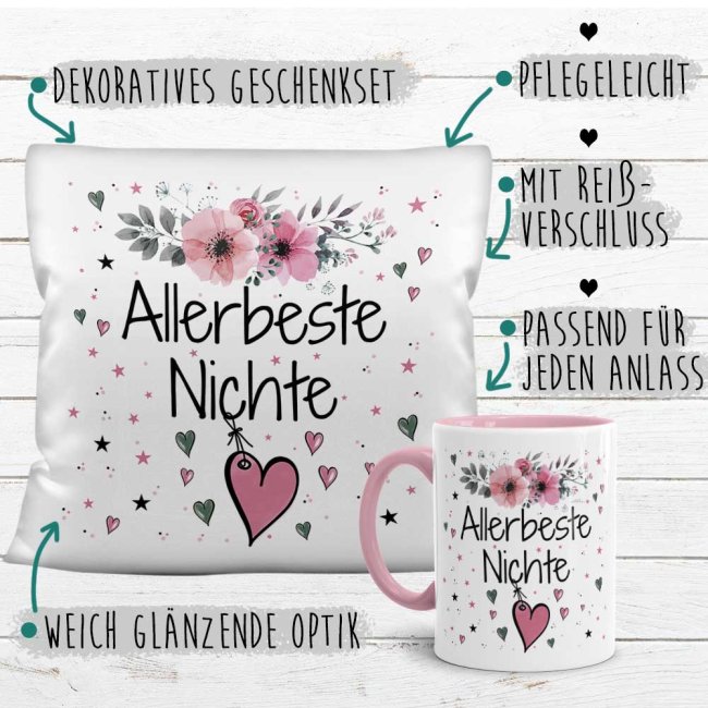 Geschenk-Set aus Tasse und Kissen mit Blumenmotiv - Allerbeste Nichte - Kissen wei&szlig; - Tasse rosa