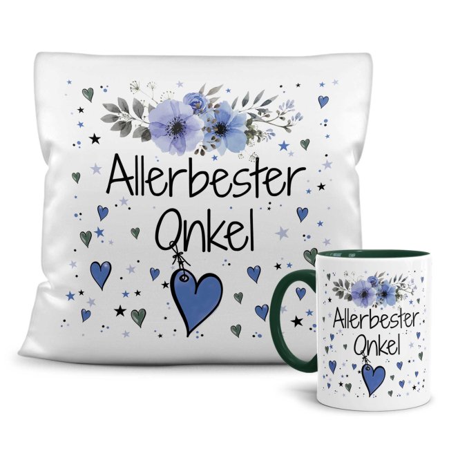 Geschenk-Set aus Tasse und Kissen mit Blumenmotiv - Allerbester Onkel - Kissen wei&szlig; - Tasse dunkelgr&uuml;n