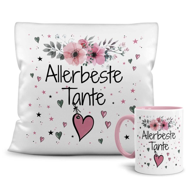 Geschenk-Set aus Tasse und Kissen mit Blumenmotiv - Allerbeste Tante - Kissen wei&szlig; - Tasse rosa