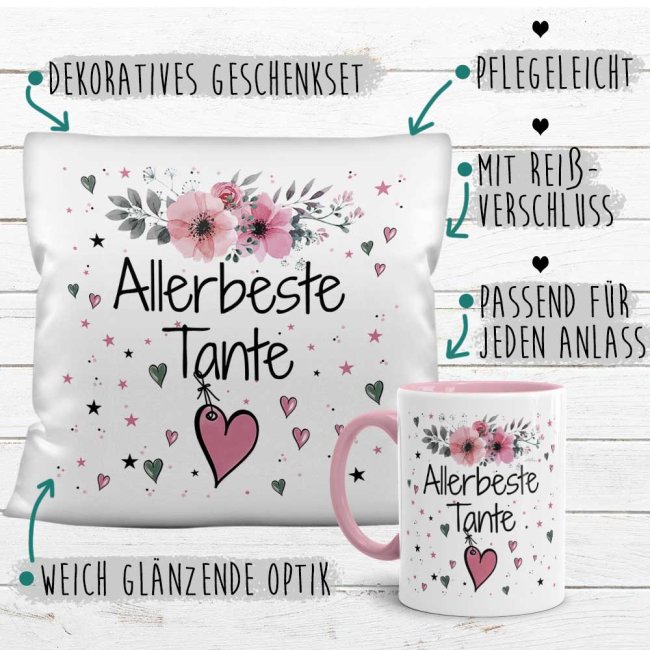 Geschenk-Set aus Tasse und Kissen mit Blumenmotiv - Allerbeste Tante - Kissen wei&szlig; - Tasse rosa