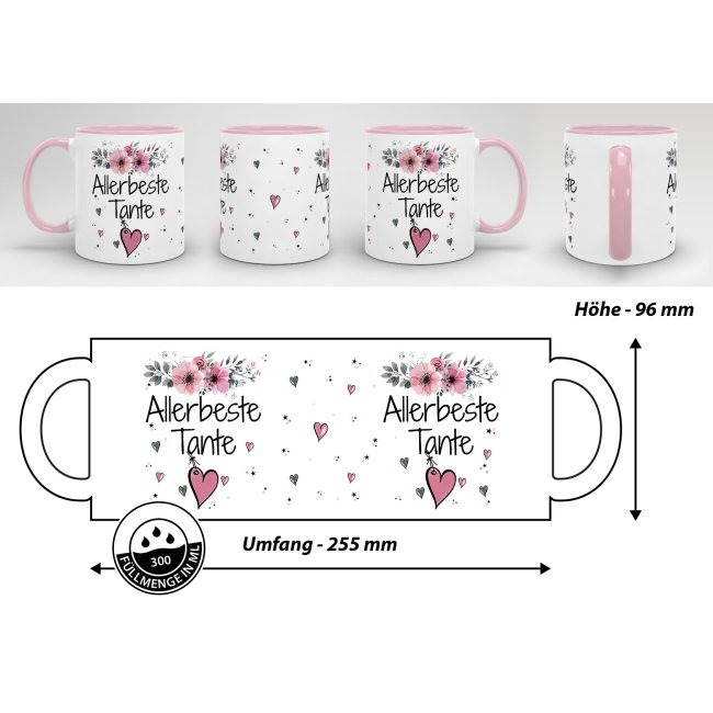 Geschenk-Set aus Tasse und Kissen mit Blumenmotiv - Allerbeste Tante - Kissen wei&szlig; - Tasse rosa