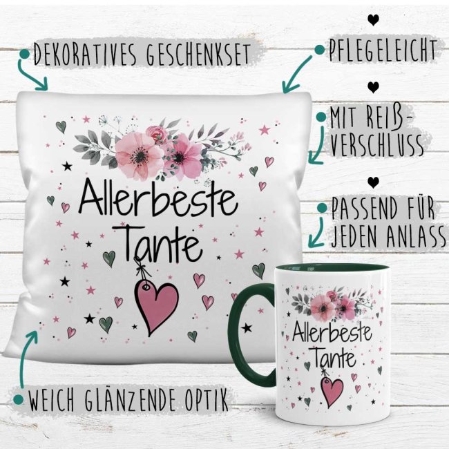 Geschenk-Set aus Tasse und Kissen mit Blumenmotiv - Allerbeste Tante - Kissen wei&szlig; - Tasse dunkelgr&uuml;n