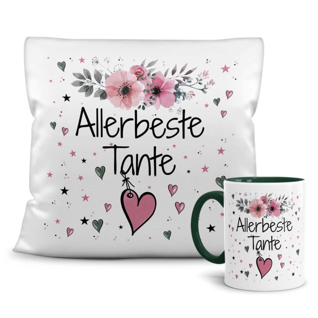 Geschenk-Set aus Tasse und Kissen mit Blumenmotiv - Allerbeste Tante - Kissen wei&szlig; - Tasse dunkelgr&uuml;n